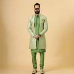 Handmade Lime Green Geometrical Embroidered Open Sherwani with Green Kurta Pajama for Men - Father Son Combo | Jaipurio